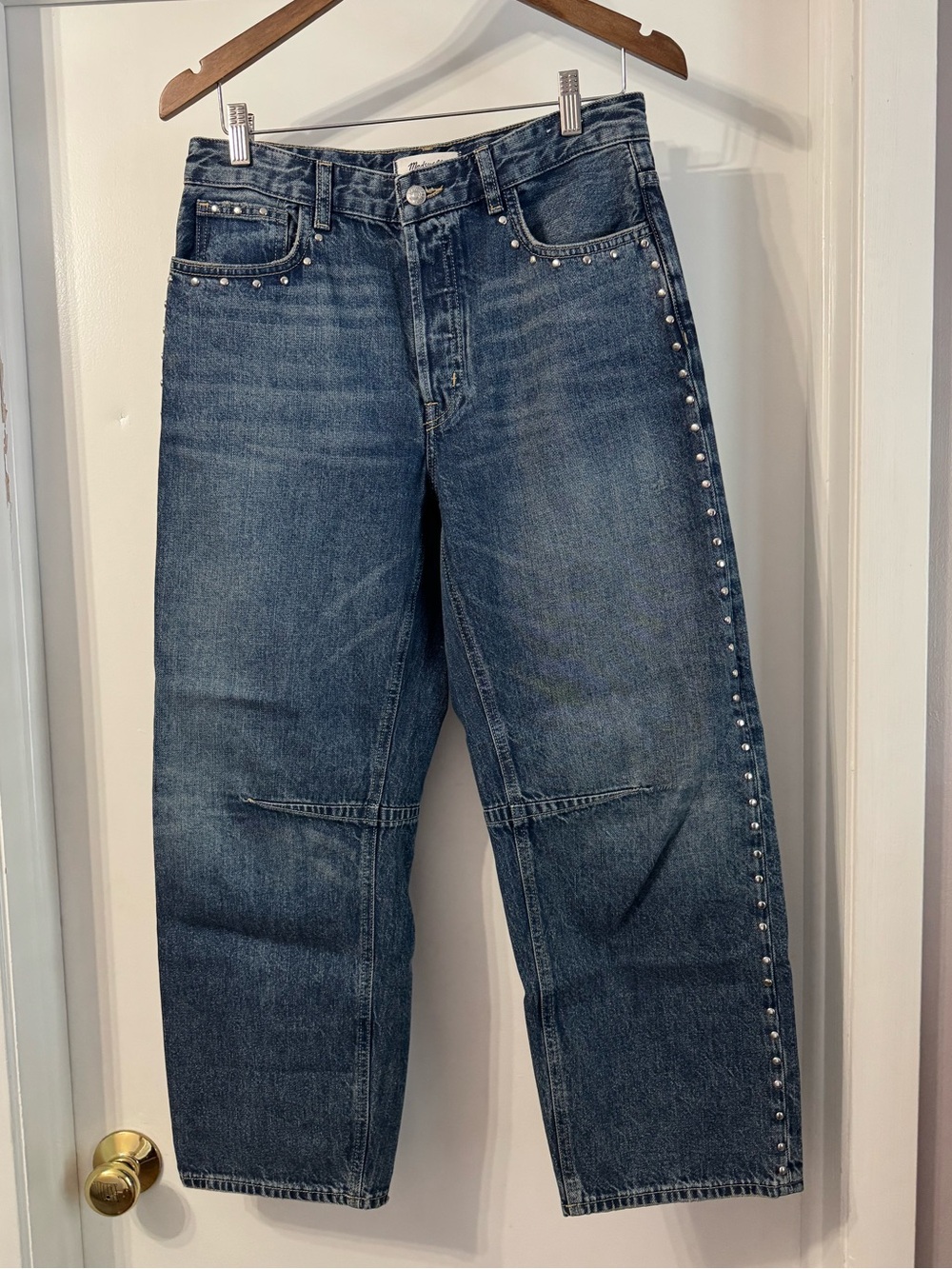 Madewell Dark Blue Stud-Trim Barrel-Leg Jeans